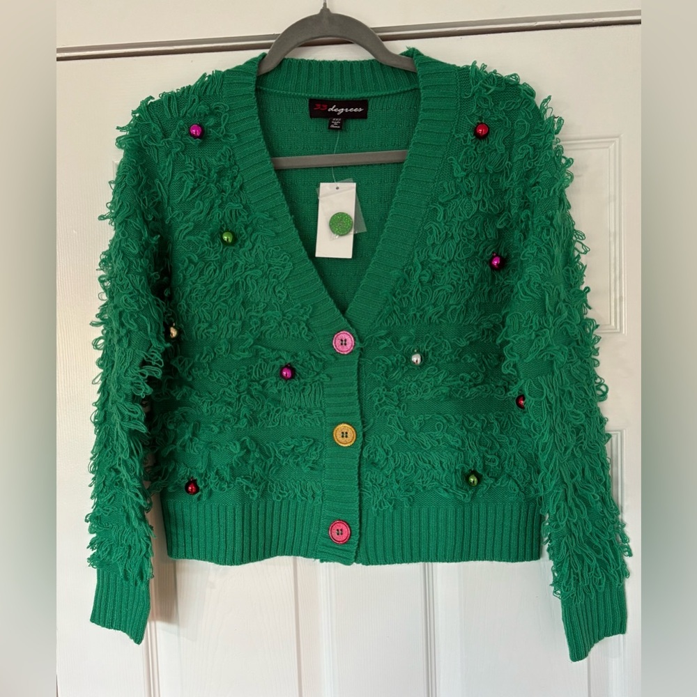 33 Degrees Jingle Bell Christmas Tree Cardigan
Sweater 
Size: XXS / Green